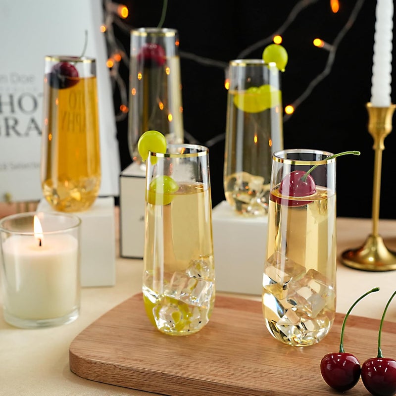 Bestluck 24 Pack 9 oz Stemless Plastic Champagne Flutes, Clear Disposable Champagne Glasses Gold Rim, Shatterproof and BPA-Free Drinkware for Party & Graduation & Wedding - Image 4